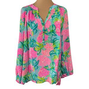 Lilly Pulitzer Elsa Popover Top Silk Size XL Pineapple Shake Pink Green